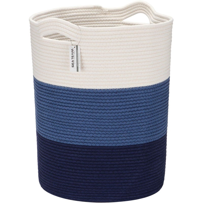 Sea Team Large Size Cotton Rope Woven Storage Basket with Handles, Laundry Hamper, Fabric Bucket, Drum, Clothes Toys Organizer for Kid's Room, 20 x 14 inches, Round Open Design, White & Navy - Image 1